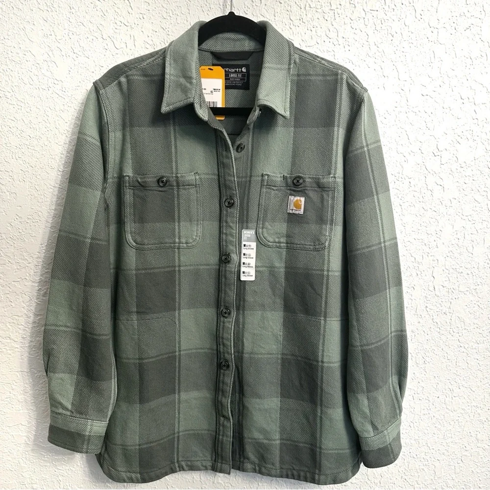Carhartt Women's Loose Fit Twill Shirt Jac in green plaid Sz M - Picture 2 of 8